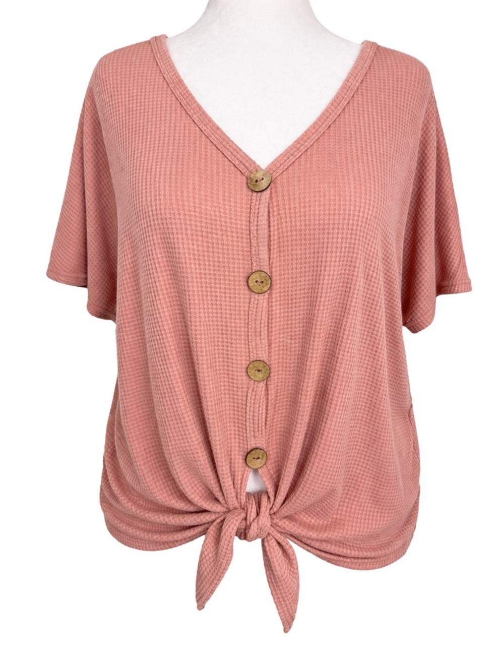 Free Kisses Blush Waffle Knit Button Front Top Womens 3X Tie Front Boho Comfy